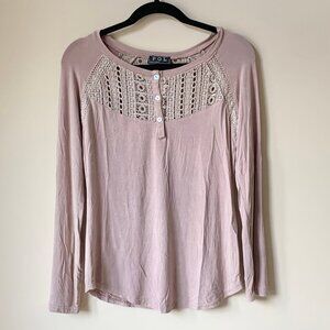 EUC POL Distressed Long Sleeve Henley With Crochet Detail, Light Mauve, Small